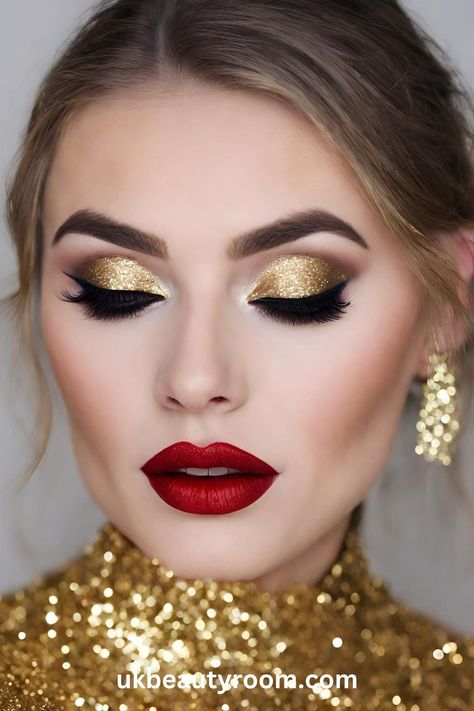 Gold Eyes And Red Lips, Gold Eyeshadow And Red Lips, Glitter Makeup Christmas, Christmas Picture Makeup Ideas, Classic Holiday Makeup, Christmas Makeup Glitter, Christmas Day Makeup Look, Red Party Makeup, Christmas Eye Makeup Easy