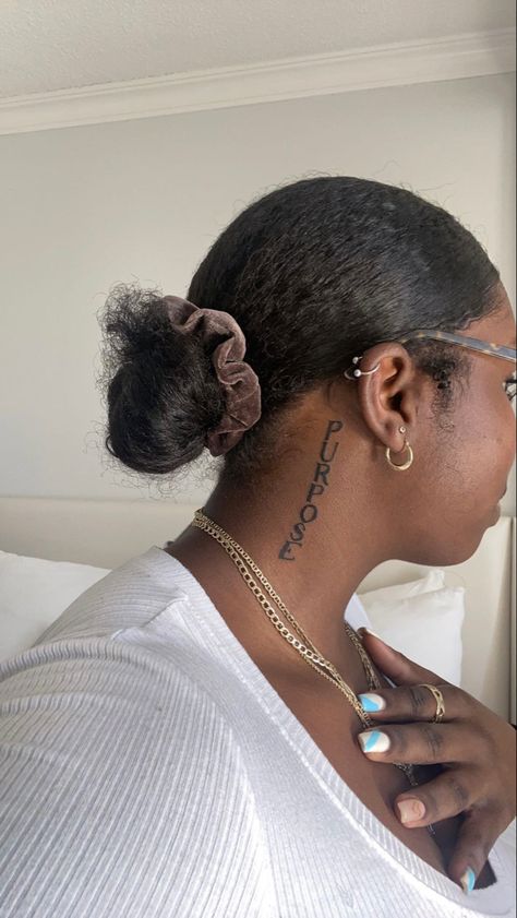 Back Ear Tattoo Black Women, Purpose Neck Tattoo, Neck Tattoos For Black Women, Purpose Tattoo Neck, Behind Ear Tattoo Black Women, Neck Tattoos Women Black, Ear Tattoo Black Women, Ear To Neck Tattoo, Side Neck Tattoos Women Words