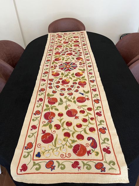 Suzani Fabric, Red Green Yellow, Linen Table Runner, Naturally Dyed, Traditional Decor, Bohemian Decor, Dining Linens, Bed Covers, Green Yellow