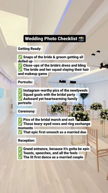 Don't miss a single epic moment of your big day with this killer photo checklist. Photography Pro Tips 📝 Share this checklist with your photographer ahead of time 📝 Give each shot enough time to shine, no rush jobs 📝 Consider a “first look” for extra pre-ceremony snaps From the pre-wedding prep to the wild reception, make sure every memorable shot is captured. Found this helpful? Follow us @planinlove and @bellamyloft for more wedding tips and inspo. Wedding Planning Templates, Wedding Photo Checklist, Wedding Checklist Detailed, Bridal March, Wedding Checklists, Photo Checklist, Bridal Shower Planning, Wedding Planning Checklist, Wedding Prep