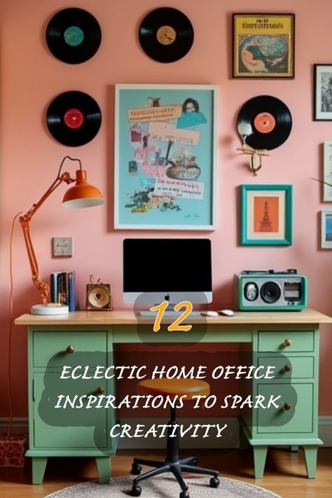 Step into a vibrant workspace filled with personality! I adore how the mix of vintage vinyl records and colorful art prints creates a playful atmosphere. The mint green desk paired with a warm lamp adds a cozy touch, making it the perfect spot to spark my creativity. Let this unique home office inspire you to blend styles and make your own space truly one-of-a-kind! Playful Home Office, Cozy Desk Office, Creative Office Ideas, Home Office Colorful, Retro Desk Setup, Funky Office Design, Quirky Home Office, Bright Office Decor, Colourful Home Office