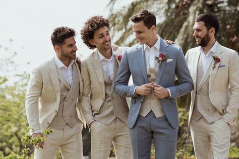 Groom in blue three piece, groomsmen in tan with suspenders instead of vest Linen Suit Beach Wedding For Men, Blue Groom Tan Groomsmen, Beach Wedding Outfits For Men, Linen Suit Wedding, Groomsmen Beach Wedding, Mens Beach Wedding Suits, Garden Attire, Tan Groomsmen, Linen Wedding Suit