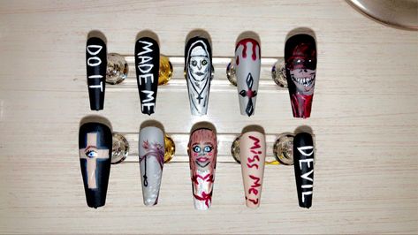 Conjuring Nails, The Conjuring Nails, Jeepers Creepers Nails, Terrifier Nails, Horror Character Nail Designs, Redrum Nails Halloween, The Conjuring, Spiderman, Nail Art