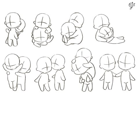 Hug Chibi Pose, Friend Chibi Poses, Scared Chibi Poses, Chibi 2 People Poses, Easy Chibi Drawings Step By Step, Chibi Body Poses Drawing Reference, Chibi Group Poses, Chibi Hugging Pose, Chibi Poses Duo