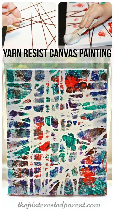 Yarn Resist canvas painting. Kid's arts and crafts project Canvas Painting Ideas Preschool, Painting With Yarn On Canvas, Youth Art Projects, Unique Art Projects For Kids, Toddler Painting, Art And Craft Videos, Easy Canvas Painting, Camping Art, Beginner Painting