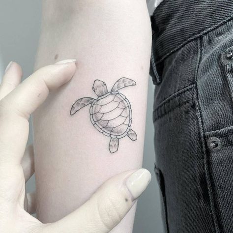 Fine line turtle tattoo on the inner forearm. Fine Line Turtle, Tattoo Ideas Turtle, Fine Line Turtle Tattoo, Sea Turtle Tattoos, Fineline Tattoo Ideas, Turtle Tattoos, Mom Daughter Tattoos, Art Turtle, Sea Turtle Tattoo