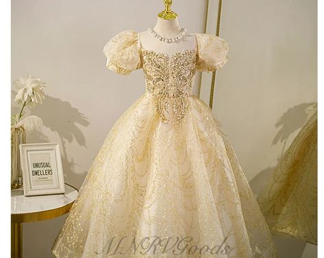 Gold girls dress - Etsy Gold Girls Dress, Junior Pageant Dresses, Princess Dress Up, Princess Ball Gowns, Girls Christmas Dresses, Christening Gowns, Beaded Gown, Pageant Dress, Pageant Dresses