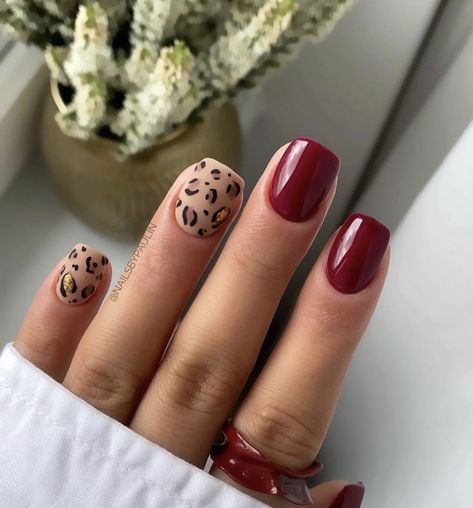 Leopard Nail Designs, Cheetah Nail Designs, Animal Print Nails Art, Maroon Nails, Cheetah Nails, Fall Gel Nails, Leopard Print Nails, October Nails, Nail Time