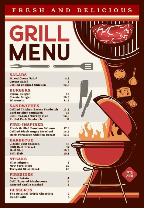 Grill menu with bbq food, barbecue cafe Grill Menu Design, Grilled Menu, Bbq Menu Design, Korean Bbq Menu, Dinner On The Grill, Beef Brisket Sandwich, Chicken Breast Sandwich, Barbecue Food, Grilled Roast