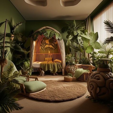 When you can’t take your child to the jungle, you bring the jungle to them. 🌴🐘🌳🦌 Nature-themed rooms are more than just decor; they’re an invitation for exploration and learning. Dive into these ideas that combine style and wonder, perfect for parents looking to find creative ways to keep the child occupied. #kidsroom #kidsroomdecor #naturetheme #SustainableDecor #natureinspiration #junglethemedecor Indoor Jungle Room, Rainforest Themed Nursery, Jungle Aesthetic Bedroom, Jungle Theme Interior Design, Modern Jungle Bedroom, Baby Girl Nursery Jungle Theme, Boho Jungle Decor, Jungle Apartment Decor, Baby Room Jungle Theme