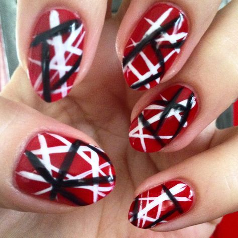 Inspired by Edward Van Halen's Kramer 5150 Guitar OPI in "big apple red" Essie in "blanc" and "licorice" #essiepolish Van Halen Nails, Guitarist Nails, Hazbin Hotel Nails, Music Nails, Rock Nails, Essie Polish, Classy Nail, Classy Nail Designs, Painted Nails