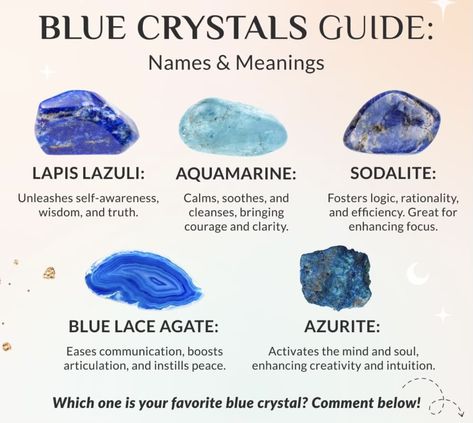 💎✨ Dive into the world of blue crystals! 💙 From calming aquamarine to mesmerizing sapphire, these beauties hold a spectrum of meanings and energies. Whether you're drawn to their soothing vibes or captivated by their stunning hues, blue crystals add a touch of magic to any collection. Share your favorite blue crystal and let's celebrate the power of nature's artistry together! #BlueCrystals #CrystalHealing #Nature'sArtistry Blue Sapphire Meaning, Sapphire Meaning, Blue Sapphire Crystal, Types Of Blue, Healing Era, Lepidolite Crystals, Crystal Cave, Crystals Healing Properties, Crystals Healing