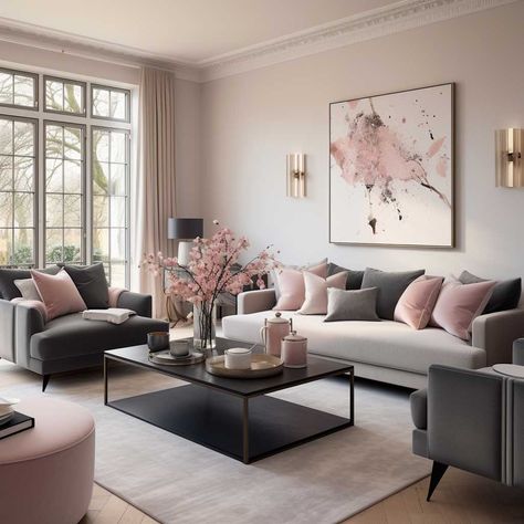 Modern Living Room Magic with Grey and Pink Tones • 333+ Images • [ArtFacade] Wall Art Living Room Pink, Light Grey And Pink Living Room, Gray And Pink Living Room Ideas, Blush Pink And Grey Living Room, Modern Living Room 2024, Grey And Blush Pink Living Room, Modern Feminine Living Room, Pink Grey And White Living Room, Pink And Grey Living Room Ideas