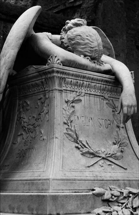 The “Angel Of Grief” - Emelyn Story’s tomb in the Cimitero Acattolico in Rome is the work of her husband, American sculptor, poet, and art critic William W. Story. Cemetery Angels, Cemetery Statues, Weeping Angel, Angel Statue, Angel Sculpture, Old Cemeteries, Cemetery Art, Angels Among Us, Angel Statues