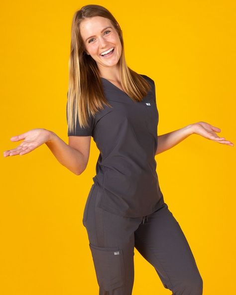 Women’s One-Pocket Scrub Top in charcoal gray Scrubs Tucked In, Scrubs Undershirt Long Sleeve, Re A, Scrub Pants, Scrub Tops, Scrubs, Bend, Pants