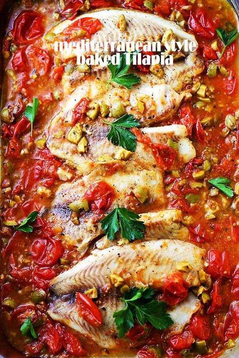 Fish Recipes Healthy Tilapia, Recipe With Olives, Tilapia Dishes, Tilapia Recipes Healthy, Baked Tilapia Recipes, Mediterranean Fish Recipe, Baked Tilapia, Olive Recipes, Tilapia Recipes