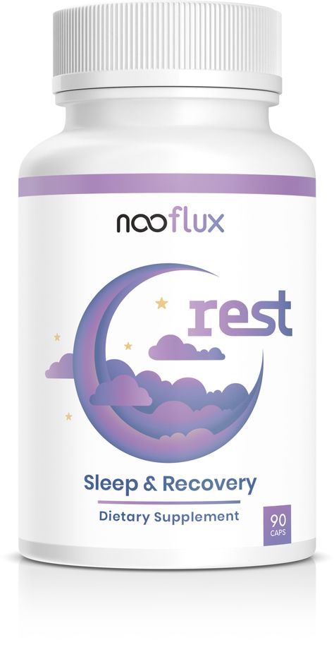 A supplement bottle of Rest by Nooflux, which is a natural sleep supplement. The packaging is white with a purple graphic moon and clouds. Brain Sleep, Zinc Picolinate, Fall Asleep Quickly, Supplements Packaging, Sleep Products, 5 Htp, Sleep Tea, Sleep Supplements, Vegan Supplements