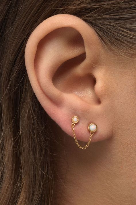 One Side Ear Piercing, Persings Ear, Gold Earrings Studs Simple, Double Stud Earrings, Cool Ear Piercings, Double Earrings, Fancy Jewellery Designs, Gold Jewelry Stores, Mini Earrings