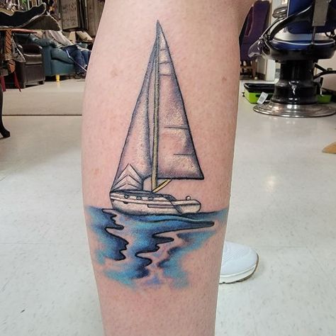 Laura Thomas on Instagram: "Final tattoo of the trip completed last night before heading back to sunny Florida! Very appropriate I must say ⛵️ it's been awhile since I had the pleasure of tattooing something pretty on a Purdy @purdy_christine #lthomasthedenverartist #thebluedoortattoo #femaletattooartist #travelingartist #sailboat #sailboattattoo #cooltattoo" Sailboat Tattoo For Women, Colored Tattoo For Men, Jet Tattoo, Colored Tattoo, Sailboat Tattoo, Laura Thomas, Female Tattoo Artists, Tiny Tattoo, Thigh Tattoos Women