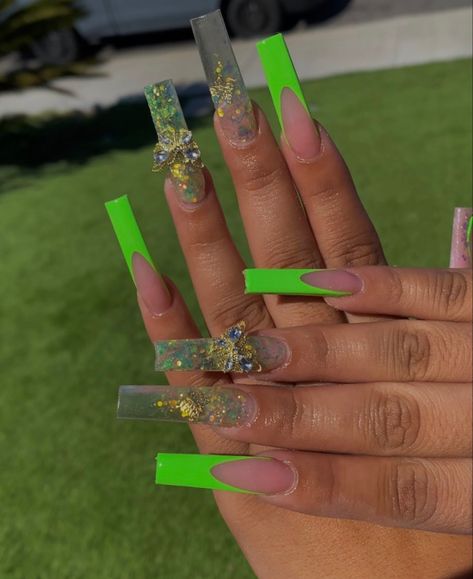 Lime Green Nails, Funky Nail Designs, Green Acrylic Nails, Drip Nails, French Acrylic Nails, Exotic Nails, Long Acrylic Nails Coffin, Long Square Acrylic Nails, Bling Acrylic Nails