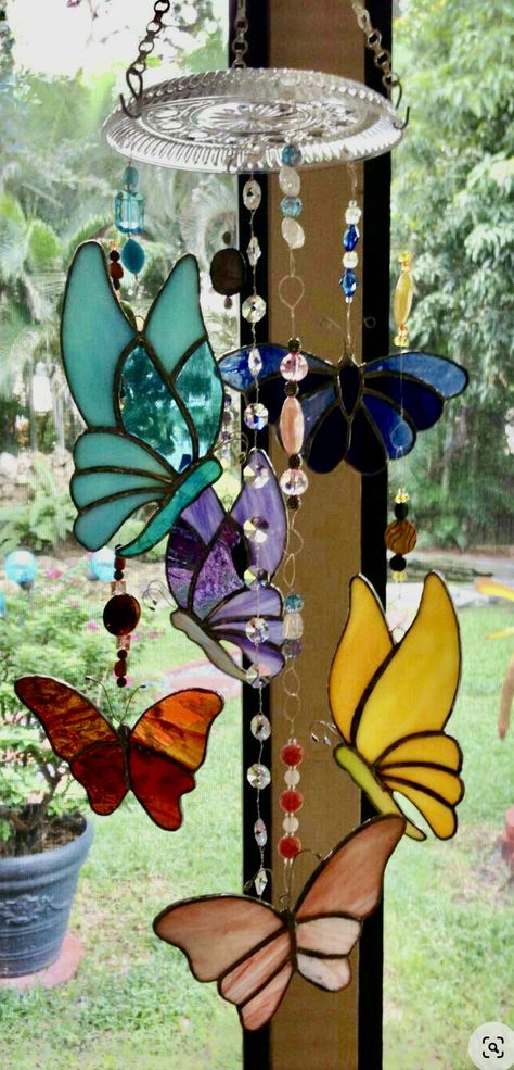 Stained Glass Butterfly Mobile, Stained Glass Butterfly Panel, Small Stained Glass Panels, Stained Glass Chimes, Butterfly Stained Glass Art, Stained Glass Wind Chimes, Glass Windchimes, Glass Butterflies, Glass Wind Chimes