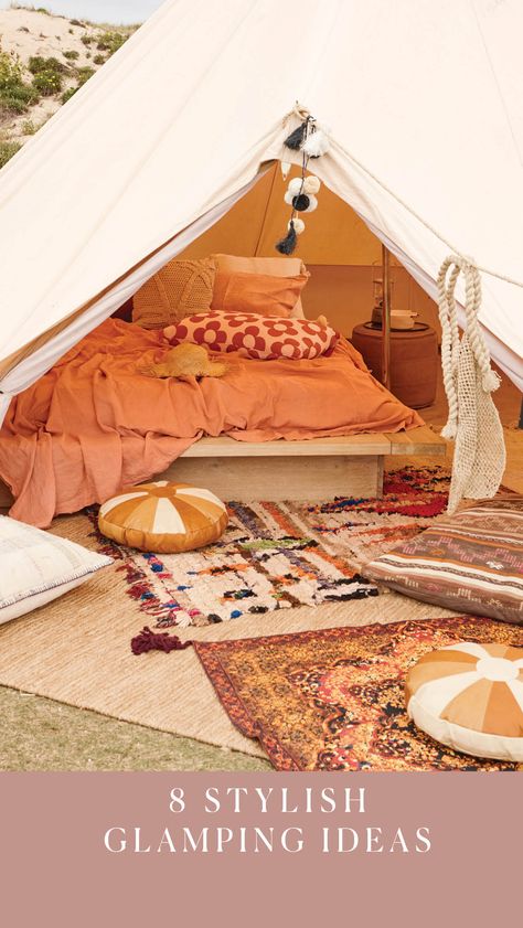 Why camp when you can glamp? Try these glamorous ideas on your next holiday. Zelt Camping Hacks, Simple Rugs, Canvas Tent Camping, Tents Camping Glamping, Real Living Magazine, Wedding Rug, Tent Ideas, Zelt Camping, Tent Camping Hacks