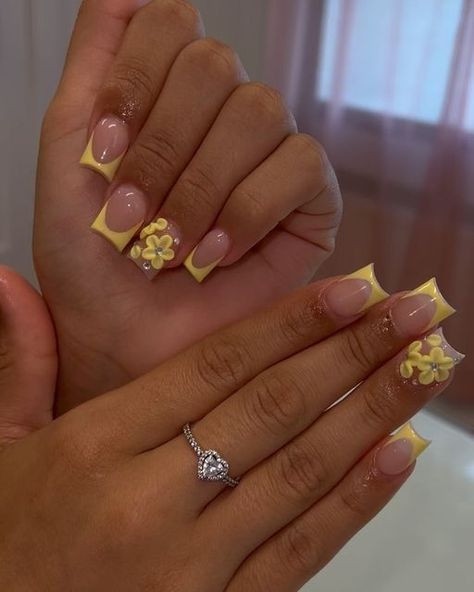 Dm to book!💞 on Instagram: "Spring szn 💛..  #shortnails #shortnailart #frenchtip #frenchnails #frenchnailart #yellownails #nailinspo #nailart #nailinspiration #flowernails #acrylicnails #acrylicflowernails #springnails #willisnails #willisnailtech #conroenails #explore #explorepage" Yellow French Tip With Design, Summer Charm Nails, Short Vacay Nails, Short Freestyle Nails With Charms, Nail Shop Nails, Short Nails With Flower Design, Yellow Acrylic Nails Short, Dope Nail Designs Classy Short Acrylic, Short Nail Acrylic Designs