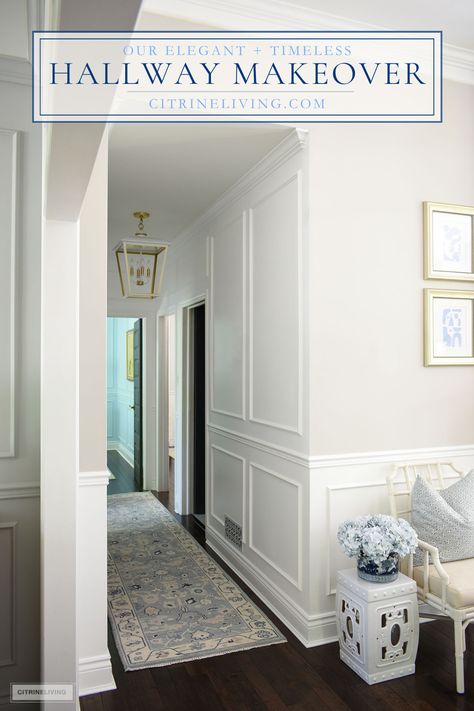 An elegant and timeless hallway makeover featuring gorgeous wall moldings, a stunning oushak runner, bright white paint and beautiful statement lighting! A few simple details help take this space from dark and boring to bright and sophisticated! See more here: https://citrineliving.com/hallway-makeover-reveal/ Molding On Hallway Walls, Hallway With Wall Trim, Narrow Hallway Wainscotting Ideas, Wainscot Entryway Foyers, How To Style A Small Hallway, Narrow Hallway Wall Molding, Grandmillenial Hallway, Useful Entryway Ideas, Long Hallway Accent Wall Ideas