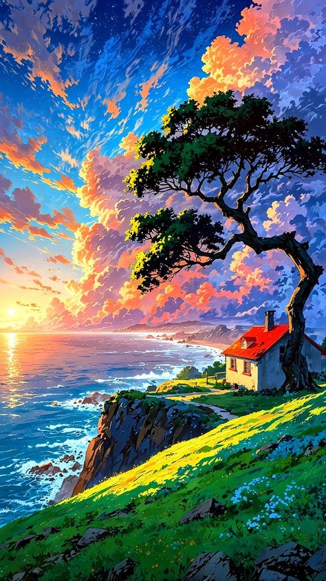 Landscape Fantasy Art, Aesthetic Wallpaper Art, Wallpaper Cute Aesthetic, Ed Wallpaper, Anime Nature, Scenery Aesthetic, Places Aesthetic, Most Beautiful Paintings, Wallpapers Nature