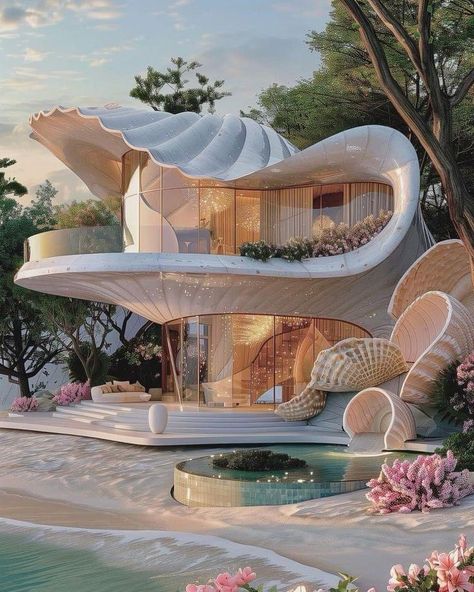 Bionic Architecture Concept, Mermaid House Exterior, Shell Mermaid Art, Extravagant Architecture, Art Deco House Exterior, Seashell House, Mermaid House, Preppy House, Dream Bedroom Inspiration