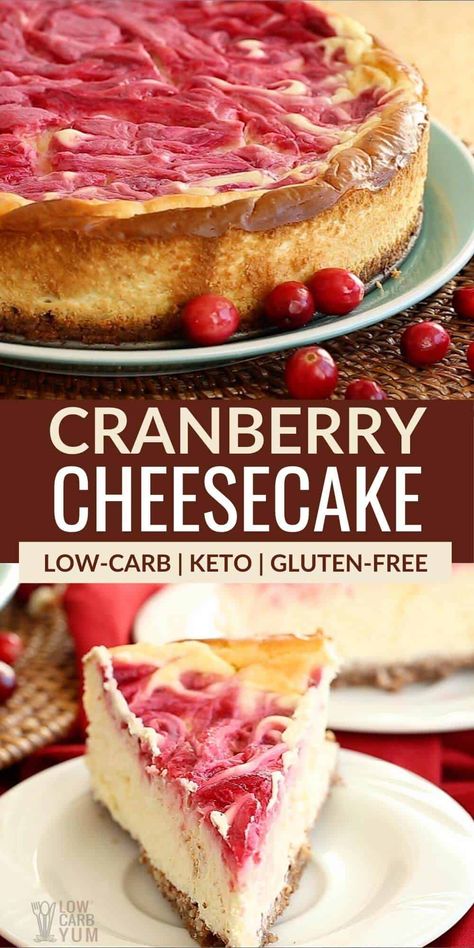 Keto Cranberry Swirl Cheesecake is one of the best cranberry recipes! It uses fresh cranberries and is one of the top low carb Thanksgiving cranberry desserts. Keto Christmas Cheesecake, Holiday Keto Desserts, Low Carb Cranberry Recipes, Low Sugar Holiday Desserts, Gluten Free Christmas Cheesecake, Christmas Holiday Desserts, Keto Thanksgiving Desserts, Keto Holiday Dessert, Cranberry Desserts