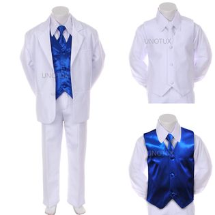 white and royal blue tuxedos | Unotux 2T 3T 4T 7pc Royal Blue Satin Necktie & Vest + Baby Toddler ... White And Royal Blue Suit Men, Royal Blue And White Tuxedo Wedding, Blue And White Tuxedo, Jelsa Wedding, Royal Blue Suit Wedding, White Vest Suit, Grooms Tux, White Tuxedo Wedding, Mens Tux