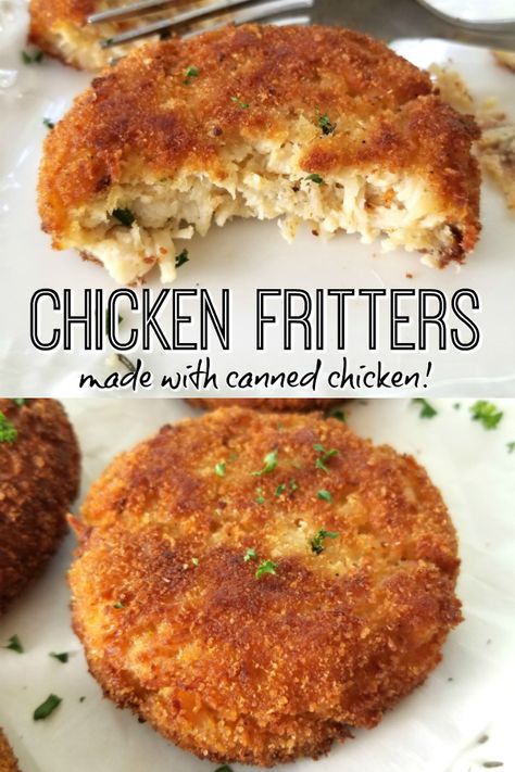 Crispy Chicken Fritters! A simple 5-ingredient recipe for crispy chicken fritters or croquettes made with all-white canned chicken. Easily shape into smaller portions for kid-friendly homemade chicken nuggets. #chickenfritters #cannedchicken Garlic Chicken Fritters, Leftover Chicken Patties, Can Of Chicken Recipes Meals, Keto With Canned Chicken, Chicken From A Can Recipes, Chicken Patties Recipes With Canned Chicken, The Best Chicken Burgers, Recipes Made With Canned Chicken, Canned Chicken Snack Recipes