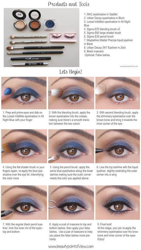 All Night Blue Makeup Pictorial - step by step instructions and extra details now on site! Beauty Point Of View How To Wear Blue Eyeshadow, Blue Makeup Tutorial Step By Step, Blue Eyeshadow Tutorial Step By Step, Blue Eye Makeup Tutorial Step By Step, Simple Everyday Eye Makeup, Blue Eyeshadow Looks, Everyday Eye Makeup, Makeup Pictorial, Stunning Makeup