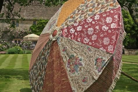 Sunbeam hand-crafted colorful outdoor parasols | Gardenista Madam Butterfly, Patchwork Furniture, Stylish Umbrella, Sun Parasol, Cotton Lawn Fabric, Alternative Gifts, Hand Oil, Garden Parasols, Garden Makeover