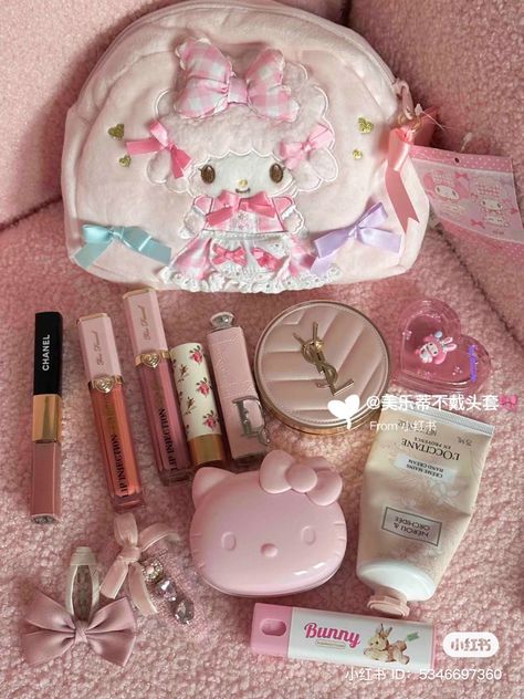 cute aesthetic coquettes pink hello kitty makeup, what’s in my bag Coquette Whats In My Bag, Sanrio Makeup Bag, Cute Makeup Bag Aesthetic, What's In My Makeup Bag, Pink Bag Aesthetic, What's In My Bag Aesthetic, Pink Vision Board, Aesthetic Makeup Bag, Makeup Bag Aesthetic