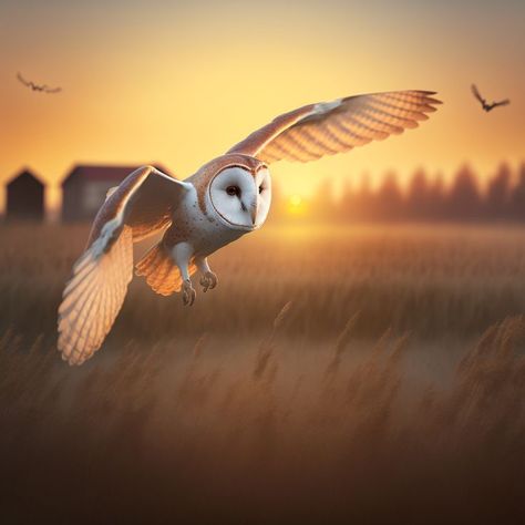 Barn Owl flying over golden field at sunset, AI Illustration. Barn Owl Flying, Owl Flying, Golden Field, Field At Sunset, Harry Potter Classroom, Art Painting Gallery, Owl Print, Owl Art, Barn Owl