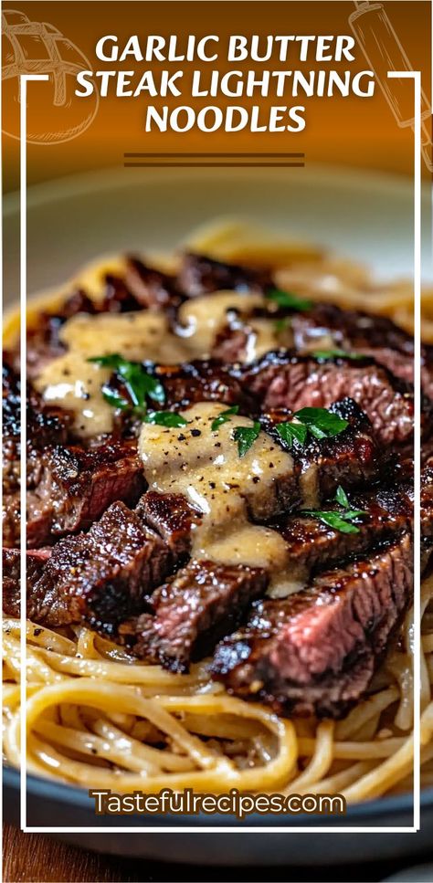 Garlic Butter Steak Lightning Noodles are the ultimate comfort food! Tender steak cooked in a rich garlic butter sauce, served over quick-cooking noodles and tossed in a deliciously savory sauce. This one-pan dish is quick, flavorful, and perfect for a weeknight dinner. A blend of rich steak and garlic butter with noodles – a combination you won't be able to resist! #GarlicButterSteak #LightningNoodles #QuickDinner #SteakLovers #NoodleDish #GarlicButter #WeeknightDinner #ComfortFood #SavoryNoodles Noodle Stir Fry, Butter Steak, Tender Steak, Ina Garten Recipes, Garlic Butter Steak, Ideas For Dinner, Garlic Butter Sauce, Keto Low Carb Recipes, Beef And Pork