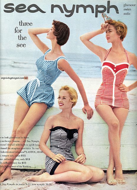 Sea nymph 1954    Dolores Hawkins (l), Tippi Hedren in the middle Vintage Bathing Suits 1950s, Vintage Inspired Bathing Suits, 1950s Bathing Suits, Bathing Suit For Women, Gingham Swimsuit, Tippi Hedren, Vintage Gingham, Vogue Vintage, Vintage Bathing Suits