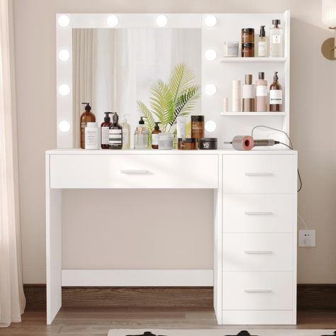 PRICES MAY VARY. Plenty of Storage Capacity: Too many cosmetics? Is your desktop too cluttered? This beautiful makeup table has a wider desktop and 5 larger drawers, your cosmetics, jewelry, hair accessories, and other beauty supplies will easy to find their place. The vanity desk will not only make your room look neat and elegant but also will let you in a beautiful mood. Stable: Our vanity with rectangular mirror is crafted from EPA-grade Particleboard, ensuring their durability and longevity.