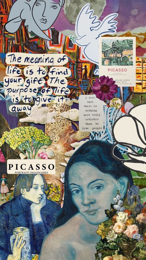 Pablo Picasso Collage, Picasso Wallpaper, Picasso Aesthetic, Picasso Collage, Picasso Blue Period, Famous Art Pieces, Picasso Portraits, Picasso Blue, Art With Meaning