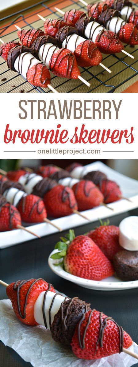 These strawberry brownie skewers are a GREAT single serving dessert! Make them for a summer barbecue or picnic, or even just as an easy weeknight dessert! Brownie Skewers, Strawberry Brownie, Sommer Mad, Strawberry Brownies, Weight Watcher Desserts, Single Serve Desserts, Picnic Food, Snacks Für Party, Shower Food