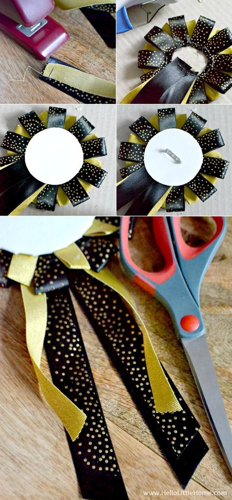 How To Make A Birthday Pin With Ribbon, Diy Award Ribbon How To Make, How To Make Prize Ribbons, Ribbon Medals Diy, Senior Night Ribbon Corsage, Diy Awards Trophy Ideas, Team Spirit Buttons Diy, How To Make Award Ribbons, Diy Ribbon Corsage