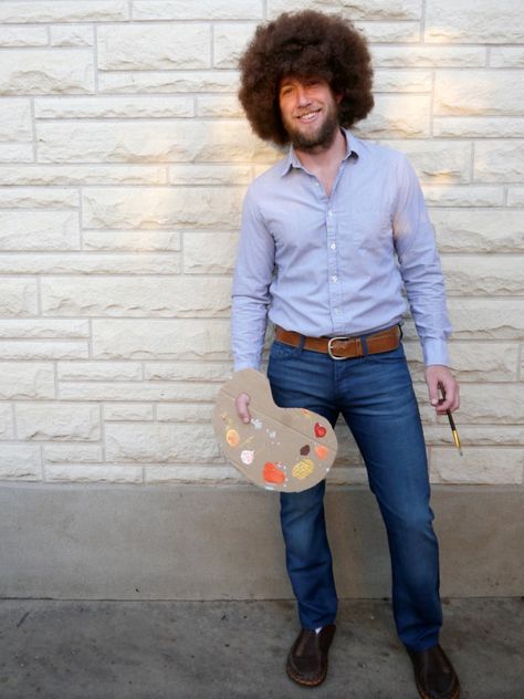 DIY Bob Ross adult Halloween costume Single Men Halloween Costumes, Diy Mens Costume, Unique Halloween Costumes Men, Funny Mens Costumes, Diy Mens Halloween Costumes, Guy Halloween Costumes, Bob Ross Costume, Beard Costume, Popular Halloween Costumes