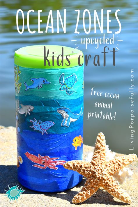 Eco-friendly ocean activity for kids to learn ocean zones! Includes FREE adorable printable of ocean animals & uses easy household materials. (Upcycle a wipes container, oatmeal container, or milk jug!) Link also has a cute ocean zone infographic & info to help teach. From LivingPorpoisefully.com Ocean Activity, Layers Of The Ocean, Ocean Zones, Craft Activity For Kids, Ocean Ideas, Oatmeal Container, Ocean Theme Birthday, Ocean Unit, School Camp