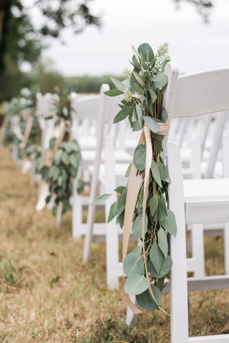 Wedding Ceremony Chairs, Wedding Isles, Ceremony Chairs, Aisle Flowers, Wedding Chair Decorations, Sage Wedding, Farm Weddings, Wedding Aisle Decorations, Sage Green Wedding