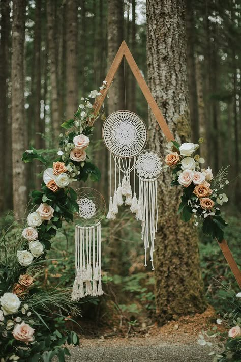 Free Spirited Copper and Jade Washington Forest Wedding at Gold Mountain Golf Club Indian Forest, Wedding Aisles, Boho Wedding Arch, Gold Mountain, Bohemian Weddings, Mehendi Ceremony, Macrame Wedding, Wedding Altars, Wedding Ceremony Backdrop