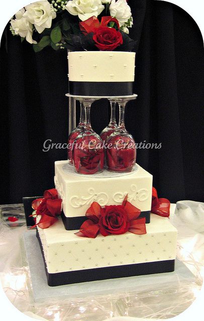 Unique pedestal idea - it would match the center peieces? Too matchy? White Black And Red Wedding, Black And Red Wedding Cake, Red Wedding Cake, Black And Red Wedding, Wedding Cakes Elegant, White Wedding Cakes, Fancy Cakes, Cake Creations, Pretty Cakes