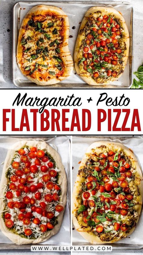 Flatbread pizza recipes, both Margherita flatbread pizza and pesto! You'll love this quick, easy, and homemade pizza recipe. Flat Bread Recipes Ideas Flatbread Pizza, Flat Bread Pizza Recipe Easy, Pesto Flatbread Pizza, Margherita Flatbread Pizza, Easy Flatbread Pizza, Margherita Flatbread, Flatbread Pizza Recipe, Easy Flatbread Recipes, Pesto Pizza Recipe