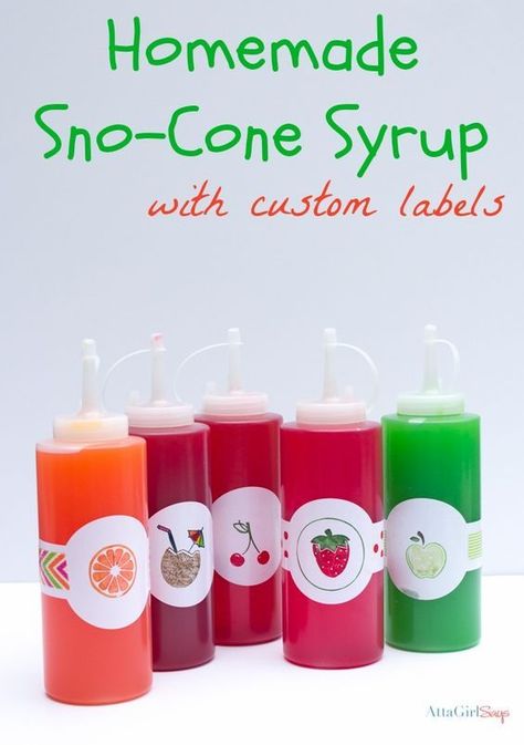 Homemade Snow Cone Syrup. Choose from a selection of snow cone flavors to make at home. Sno Cone Syrup Recipe, Homemade Snow Cone Syrup, Snow Cone Syrup Recipe, Sno Cone Syrup, Homemade Snow Cones, Snow Cones Recipes, Shaved Ice Syrup, Homemade Snow, Snow Cone Stand